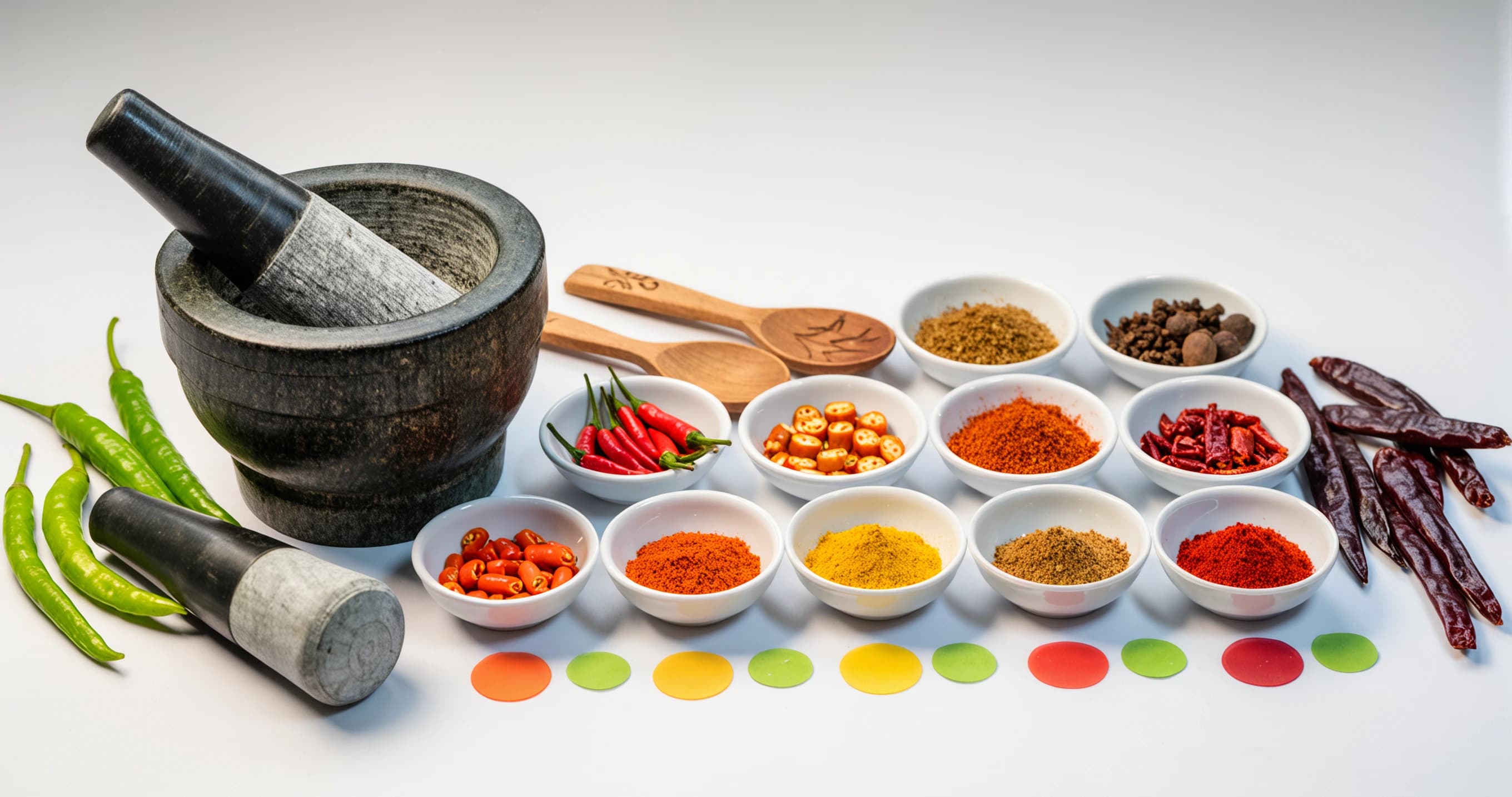 Indonesian chilies arranged by heat level with spices showing progression from mild to fiery