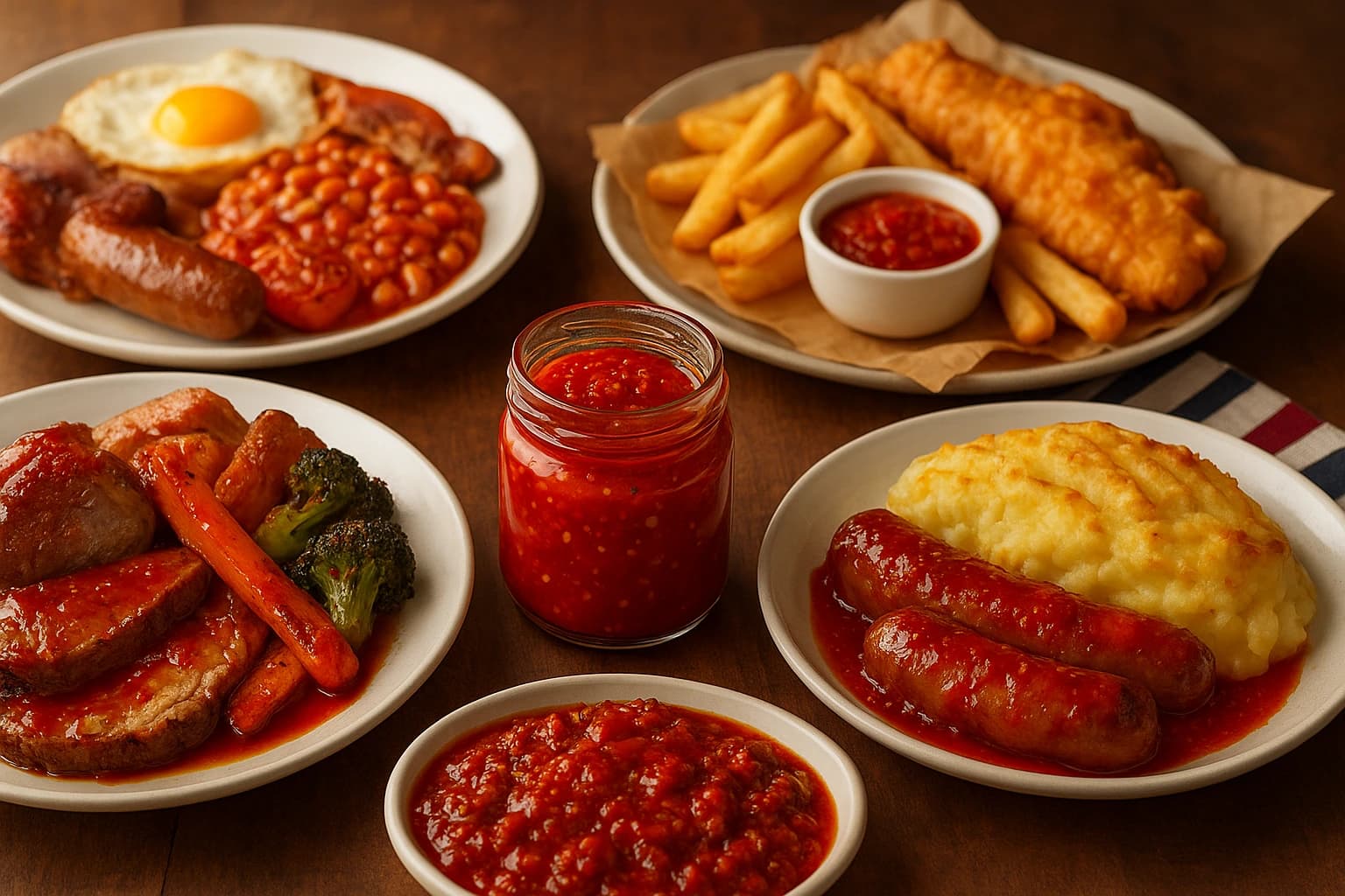 Beautiful spread of British classic dishes transformed with Indonesian sambal showing creative fusion cooking