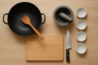 Indonesian cooking equipment setup with wok, mortar and pestle, and traditional tools