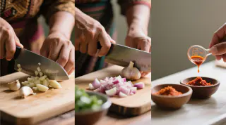 Step-by-step ingredient preparation showing hands chopping garlic, dicing shallots, and measuring sambal