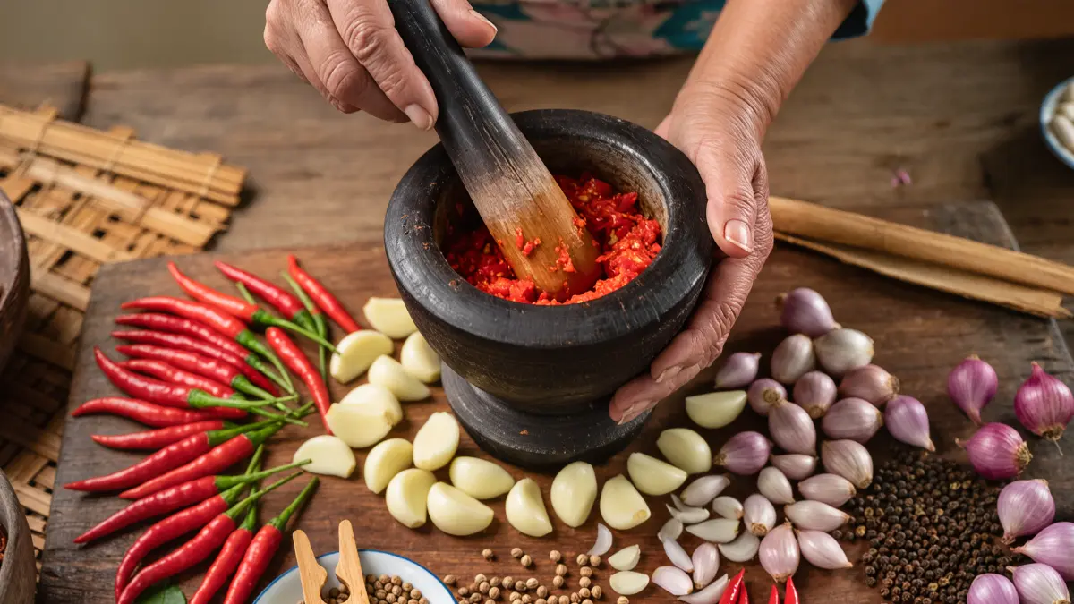 Traditional Indonesian sambal preparation with mortar and pestle